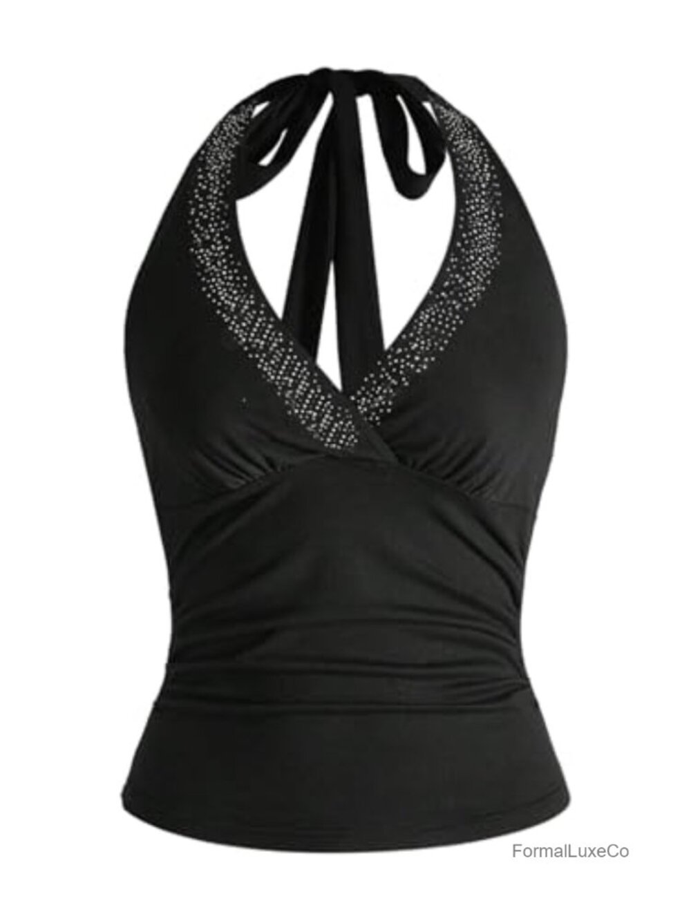 Rhinestone Halter Crop Top Backless Ruched Clubbing Party Tank